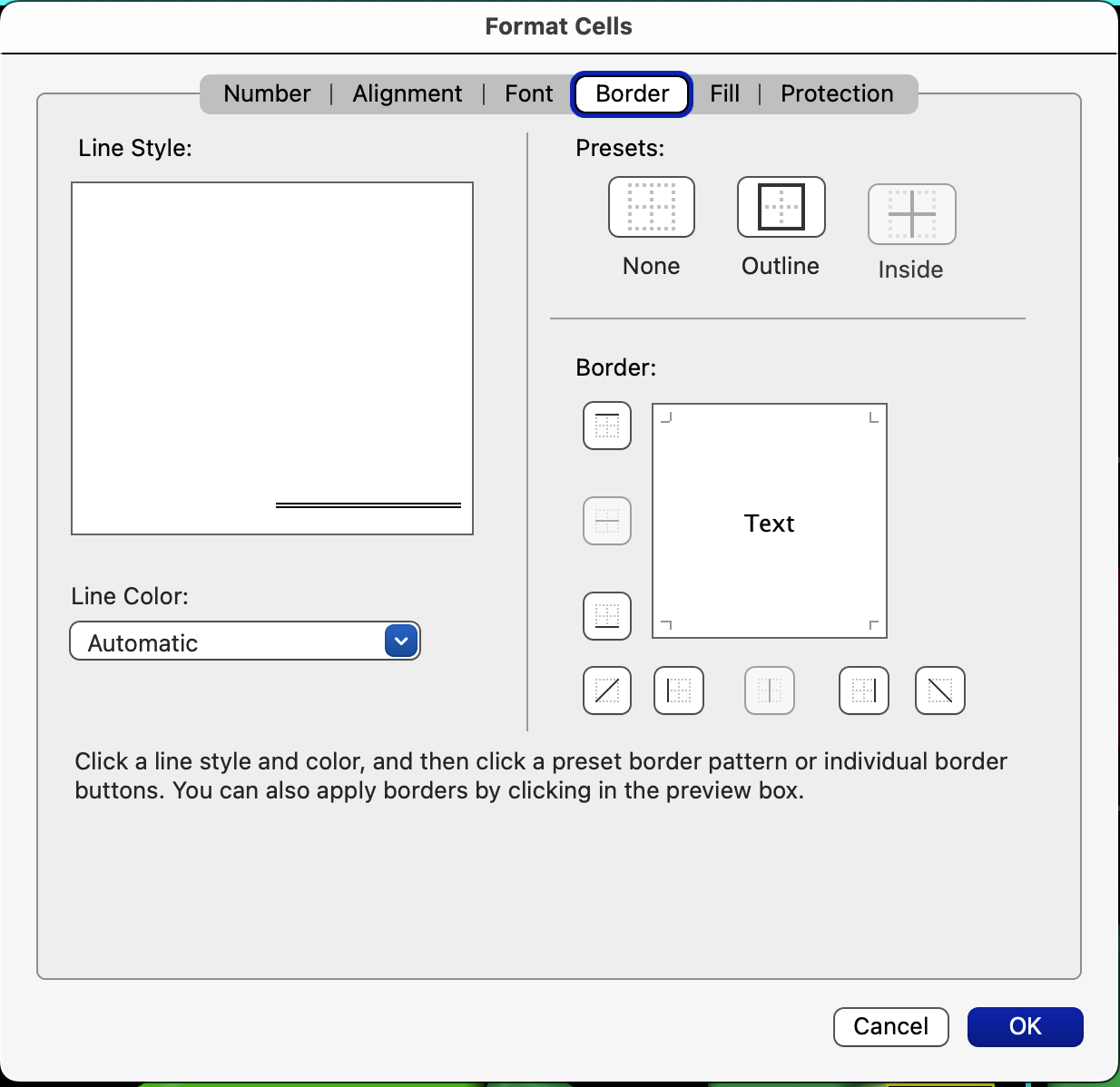 Mac excel 365 - Format Cells panel - line styles not showing ...