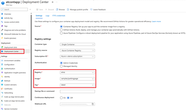Img. 1 - Image and Tag configuration on App Service, under Deployment Center