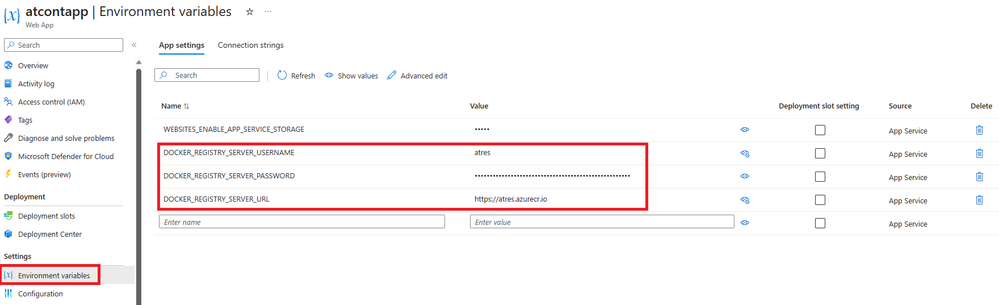 Img. 4 - App Service App Settings with ACR credentials