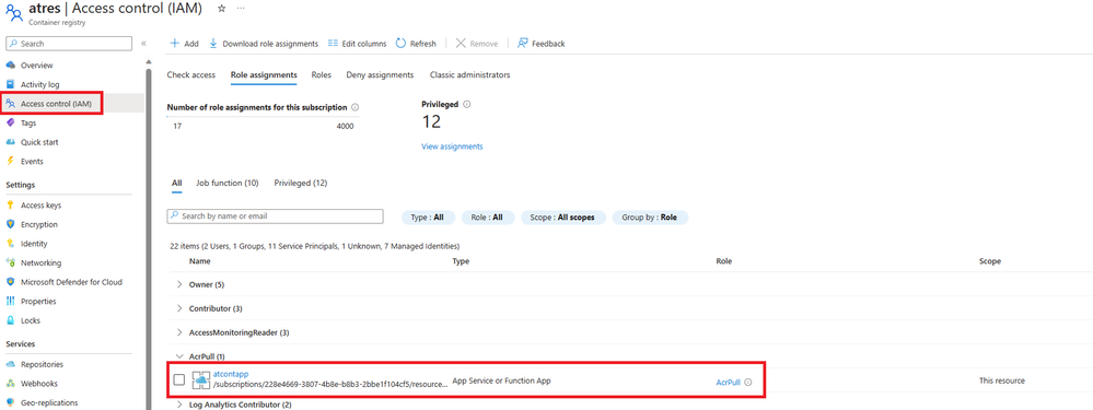 Img. 5 - AcrPull role assigned to Managed Identity (System assigned will have the same name of the App Service in question, User Assigned will have the name of the Managed Identity)
