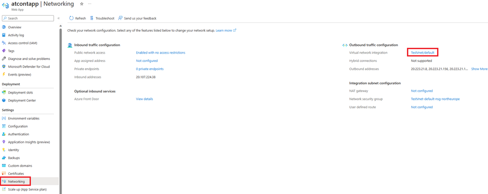 Img. 6 - Vnet Configurations on App Service
