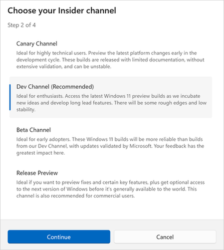 Screenshot of the “Choose your Insider channel box” with Dev Channel selected.