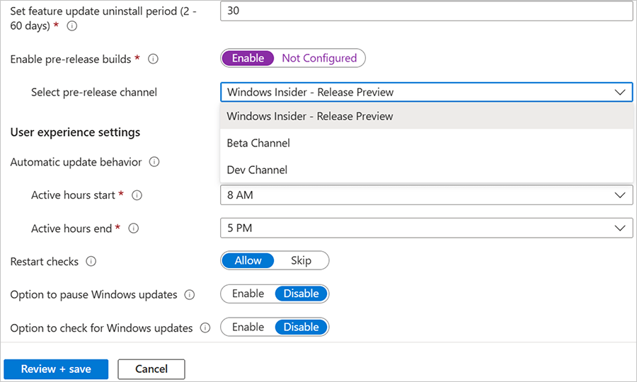 Screenshot from the Microsoft Intune admin center, showing “Enable pre-release builds” enabled.
