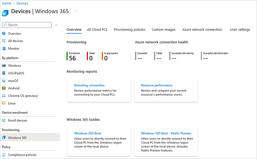 Screenshot of the Overview menu for Windows 365, accessed by selecting Windows 365 under Provisioning in the Devices pane of the Intune admin center.