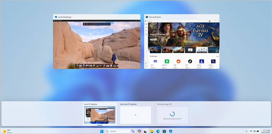Screenshot of the disconnect experience for a Cloud PC as shown in Task view.