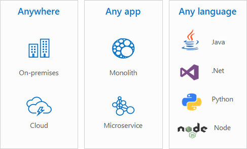 Graphic showing how containers can run in the cloud or on-premises, supporting monolithic apps or microservices written in nearly any language.