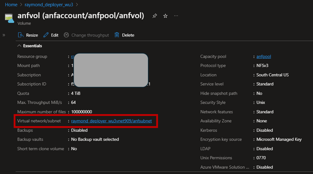 Figure 2. Ensure Azure Machine Learning compute resources and Azure NetApp Files subnets are within the same VNET.