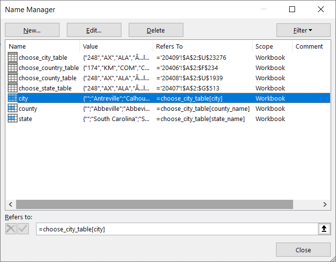 Name Manager: defined names for table columns