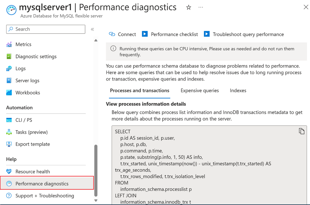View performance diagnostics in left navigation menu under Help.