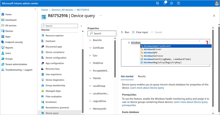 Hints help admins construct queries in the Device query tab.