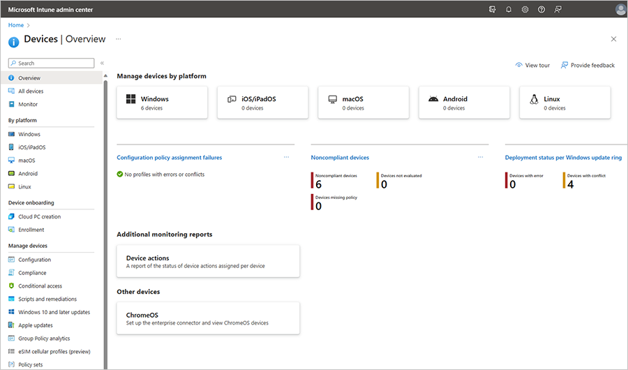 View key metrics about assigned policies, access associated reports, and access workloads by OS platform on the Overview page.