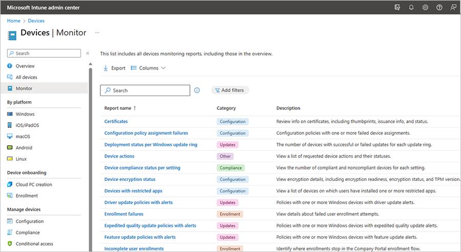 The Monitor page now shows monitoring reports and descriptions in a simplified layout with a column for categories and applicable filters.