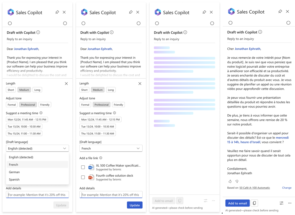 shows four sequential representative images from the Sales Copilot side panel demonstrating how the user interface for selecting a new language looks.