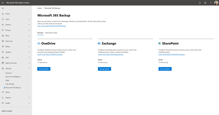 To set up Microsoft 365 Backup, first select which application you'd like to create the backup policy for: OneDrive, Exchange, and SharePoint.