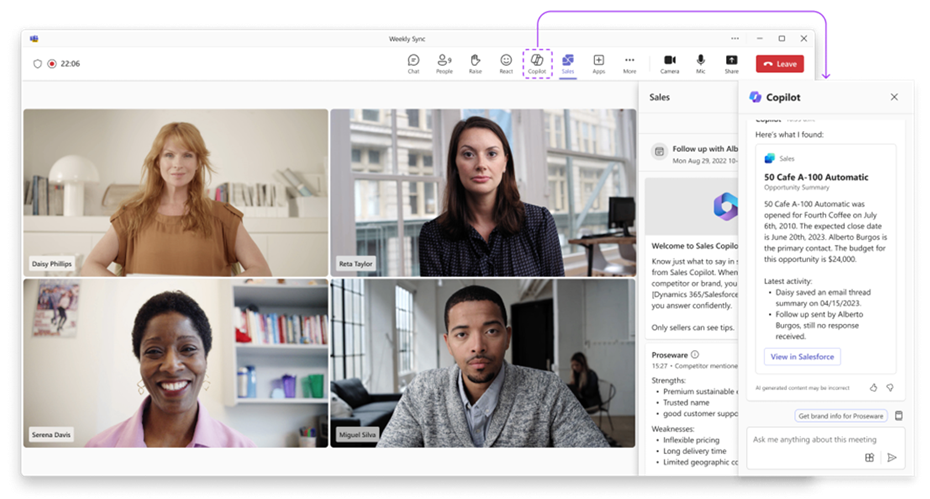 Screenshot showing new user experience for Copilot for Sales in a Teams meeting.