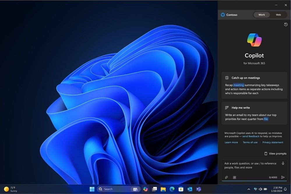 The new Copilot for Microsoft 365 experience in the Windows sidebar appears as a toggle between “Work” and “Web” options.