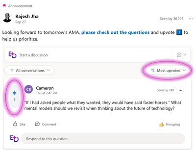 Rajesh announced the event and encouraged employees to upvote colleagues' questions and submit their own.