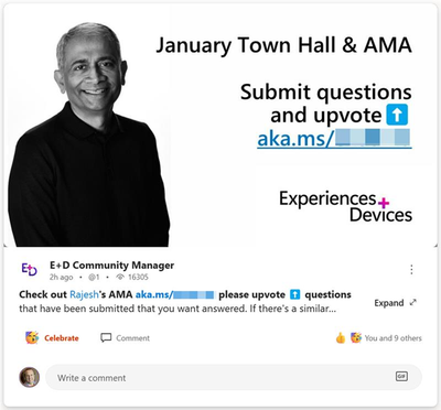 At a more recent event, Rajesh used the new layout for images in posts in his announcement. He encouraged employees to submit questions and upvote colleagues' questions.