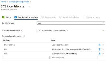A screenshot of the SID variable added to the SCEP profile in Microsoft Intune admin center.