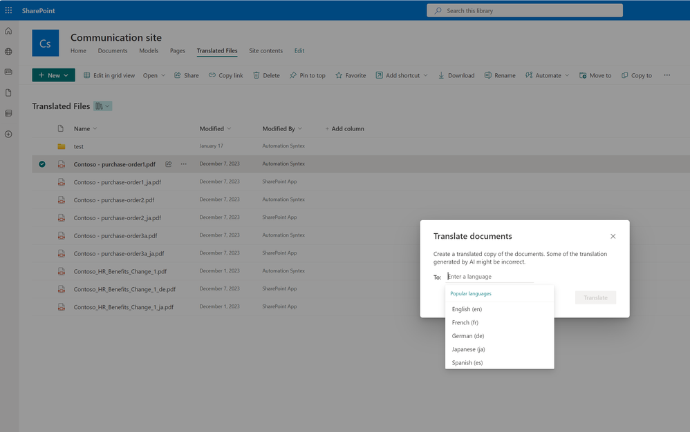 Use SharePoint Premium: Translation to create a translated copy of a selected file (or a set of files) in a SharePoint document library among dozens of languages – all while preserving as much of the original format and structure of the file(s) as possible.