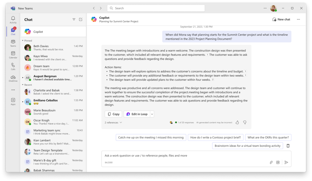 The Microsoft Copilot app in Teams, responding to a question based on the user's Graph data.