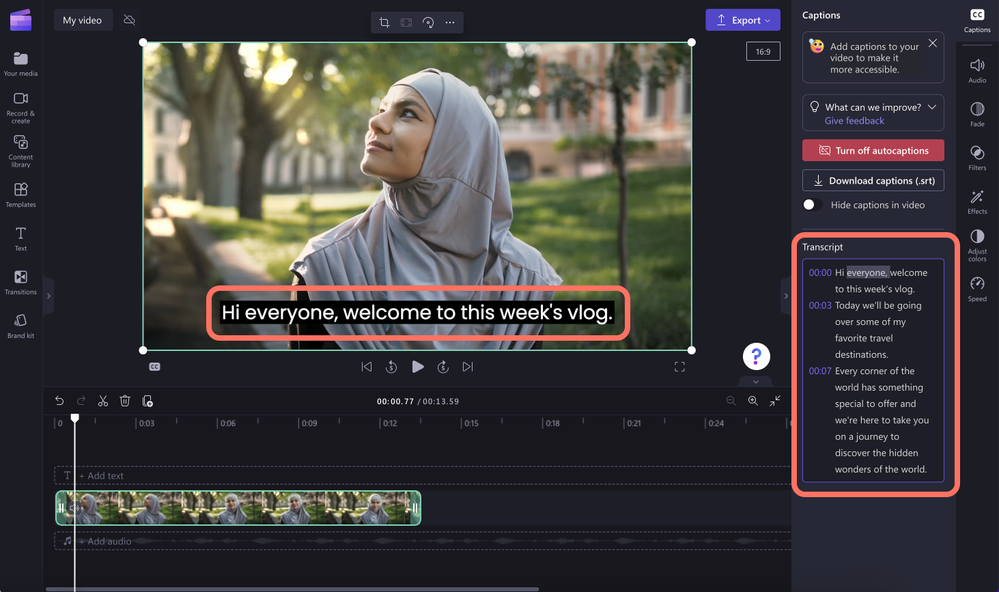 Once your captions have loaded, a transcript will appear in the transcript section of the captions tab on the property panel. Your captions will also appear on the video preview window.
