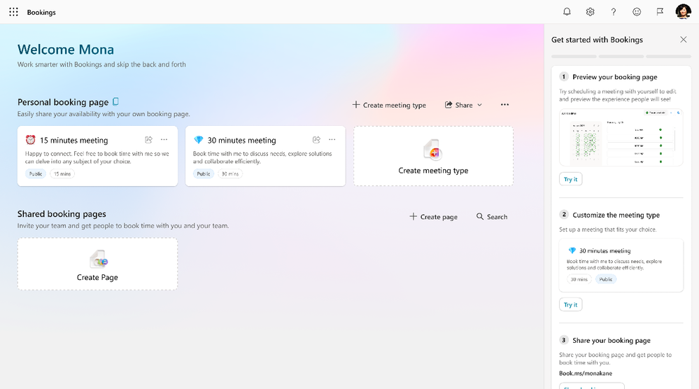 Bookings Homepage with get started menu displaying