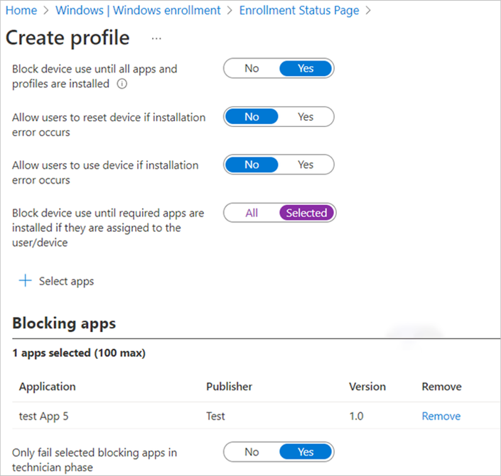 Screenshot shows the Create profile menu with the section for blocking apps.png