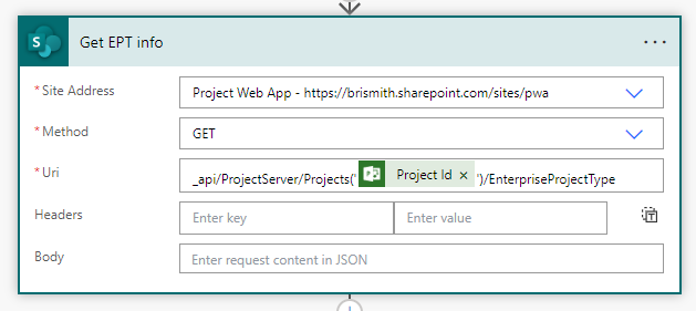 Screenshot of how a REST call to Project Online is configured using a Sent HTTP request to SharePoint flow action