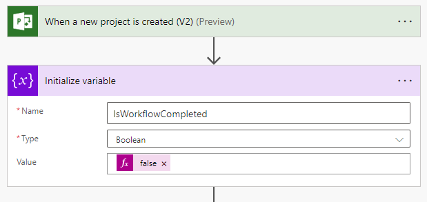 Screenshot showing how the IsWorkflowCompleted variable is set to false