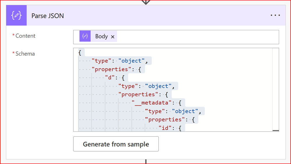 The parse JSON step showing the body dynamic content and part of the schema generated using the sample from above