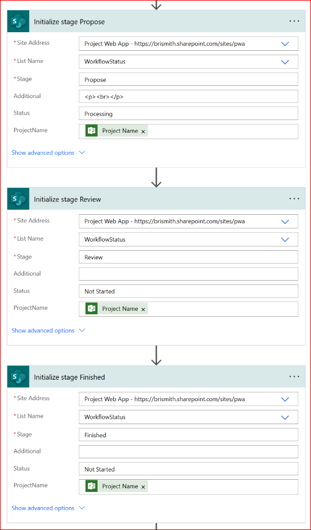 Screenshot of the initialization steps for the stages displayed in the SharePoint WorkflowStatus list