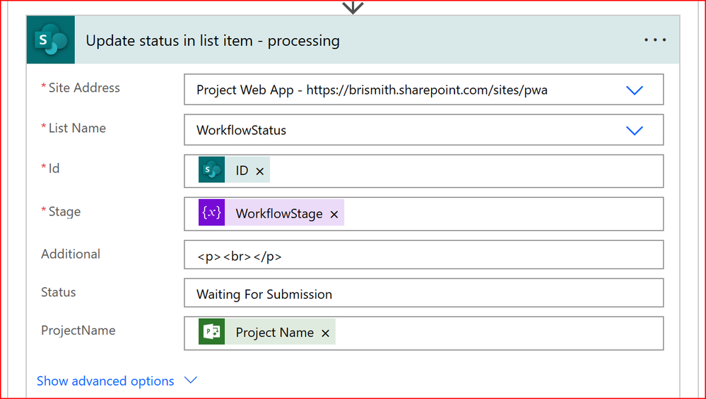 A step shown that uses the SharePoint update item action to set the workflow stage status