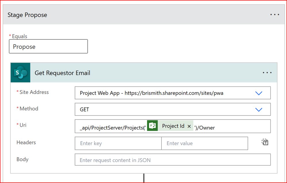 A REST call being configured to get the requestors email address
