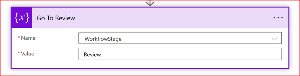 Set variable action showing WorkflowStage being set to Review