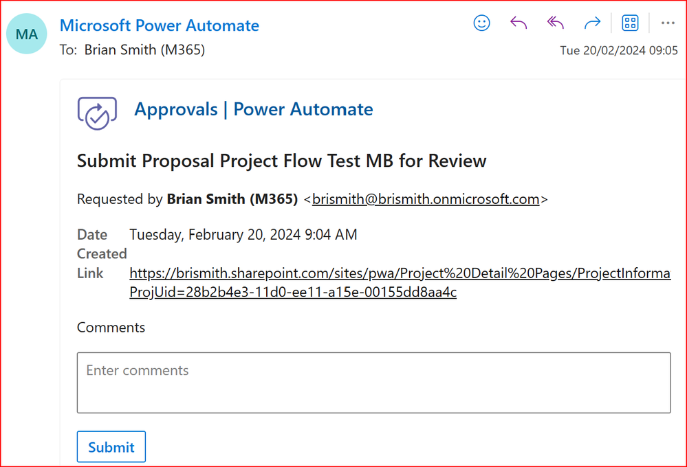 The email generated from the above approval