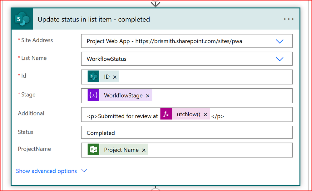 SHarePoint edit item action showing how the workflow stage is updated to completed