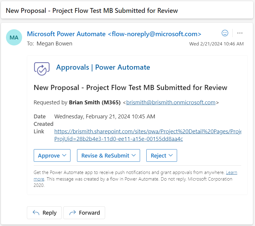 How the above email generated for approval looks to Megan - buttons for actions and links to the plan