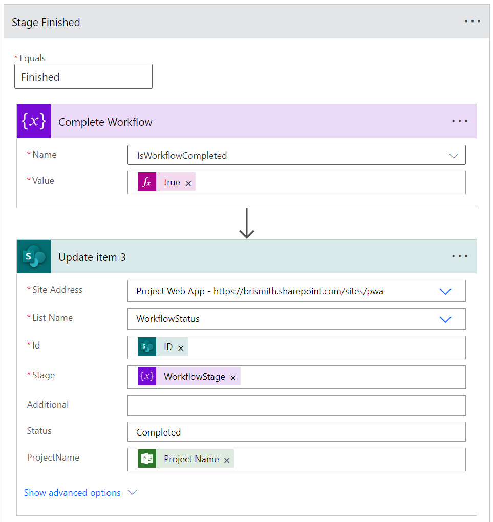 The finished stage screenshot, updating the IsWorkflowCompleted variable and the status list