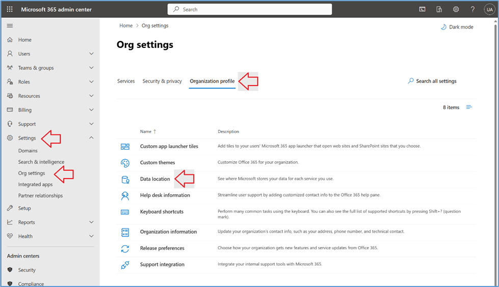 Data Location in Org Settings