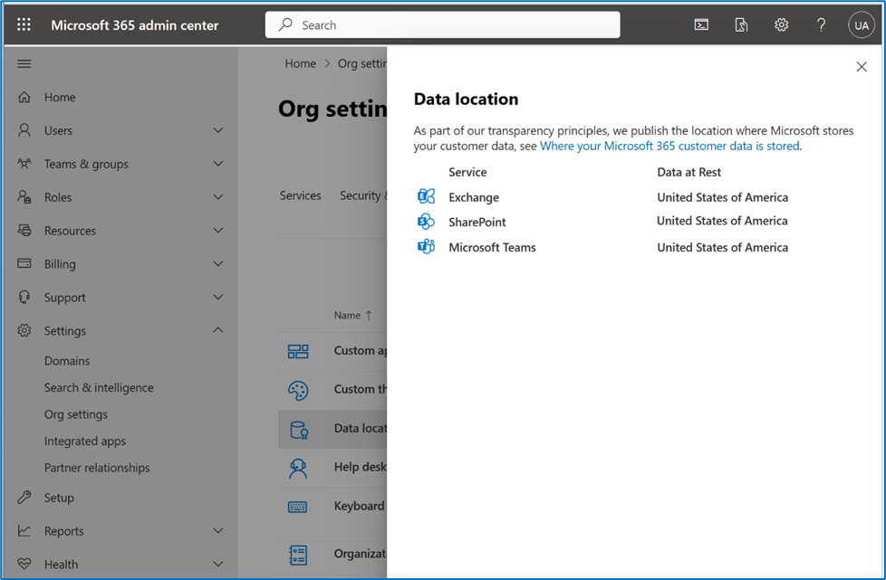 Data Location per Service