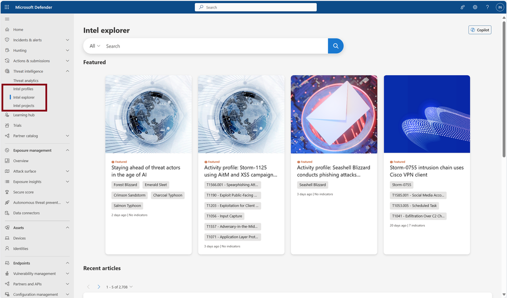 Microsoft Defender Threat Intelligence resources are accessible under the Threat Intelligence blade within the left navigation menu, on the “Intel profiles”, “Intel explorer”, and “Intel projects” tabs.