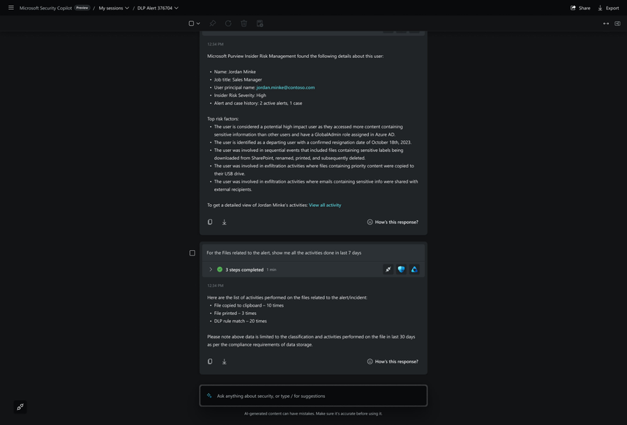 Figure 1: User risk and data risk insights in Copilot for Security standalone experience