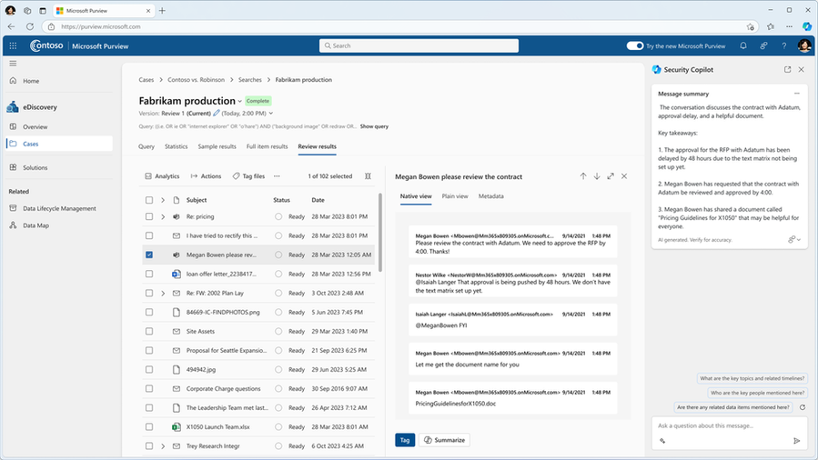 Figure 5: Gain contextual summary of evidence collected in review sets in Microsoft Purview eDiscovery