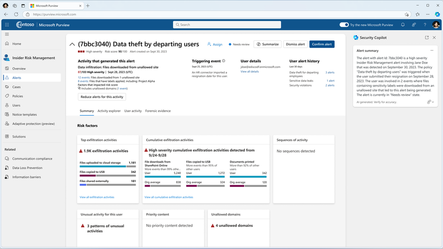 Figure 3: Summarize alerts in Microsoft Purview Insider Risk Management