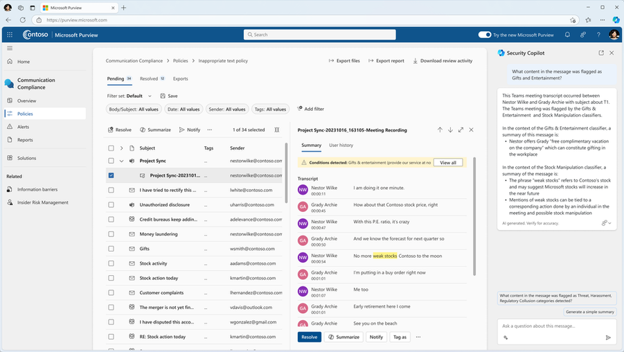 Figure 4: Gain contextual summary of policy violations in Microsoft Purview Communication Compliance