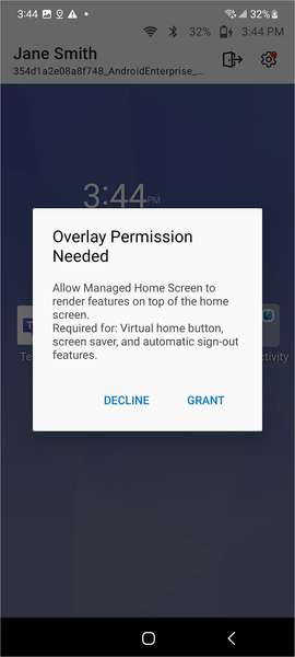 Screenshot of setup permission pop up overlay on a Samsung Android device.