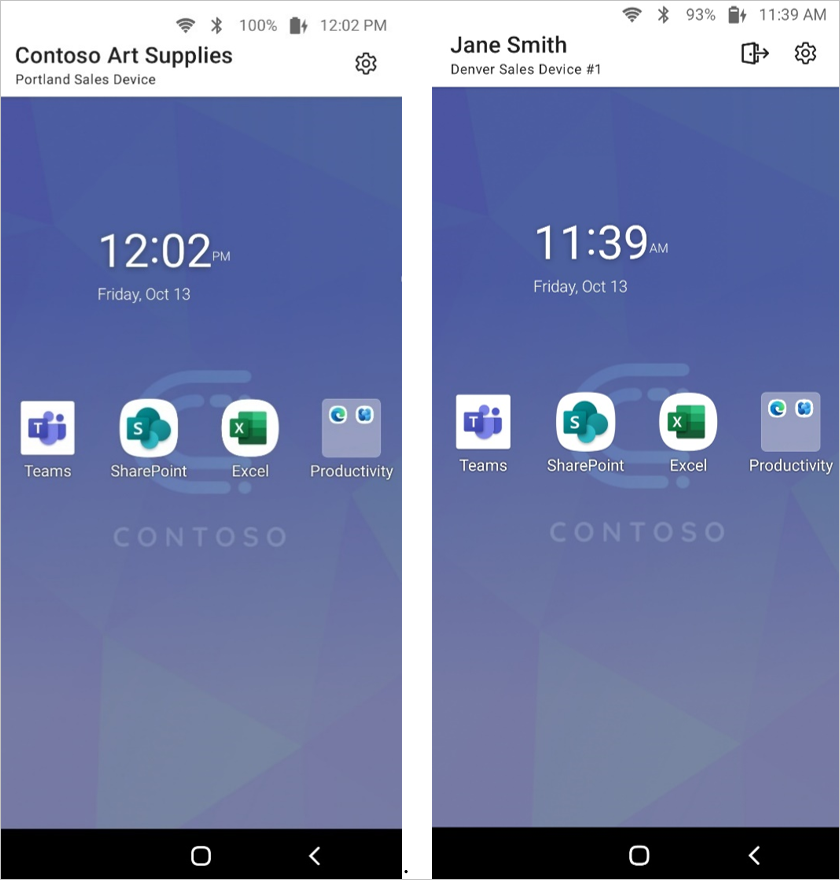 Two screenshots of a Managed Home Screen that does not include a permission pop up on Samsung Android dedicated devices showing only four apps available for use. One screenshot does not require a sign in for Contoso Art Supplies and the other is signed in by Jane Smith as the user.
