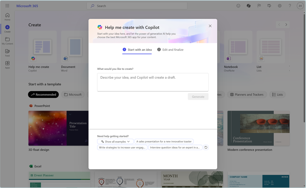 Help me create dialog box in the foreground, with the Microsoft 365 web app create screen in the background.