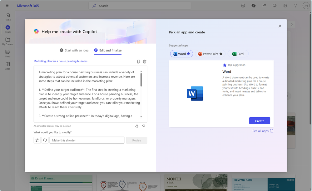 Edit and finalize dialog box, showing Copilot generated text on the left-hand side and the recommended application where the content should be located. Other applications are provided for the user to select.